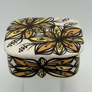 MCM Vtg Kapu Ceramic Lidded Trinket Box Tropical Hibiscus ‎ Abstract Hawaii 6x6